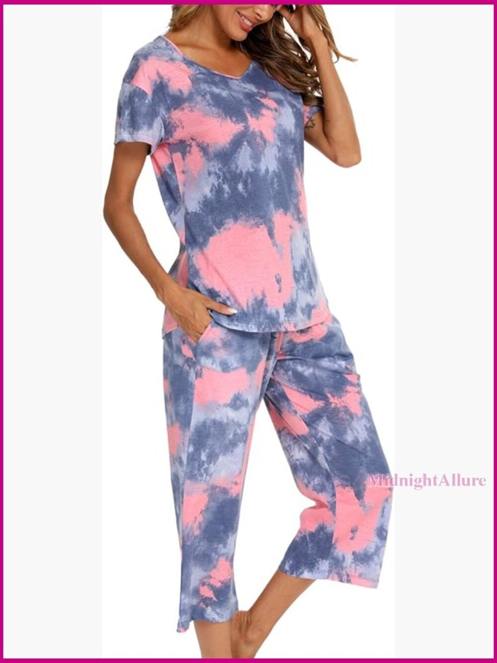 Women's Tie Dye Pajama Set Short Sleeve Capri Lounge Sleepwear 2 Piece